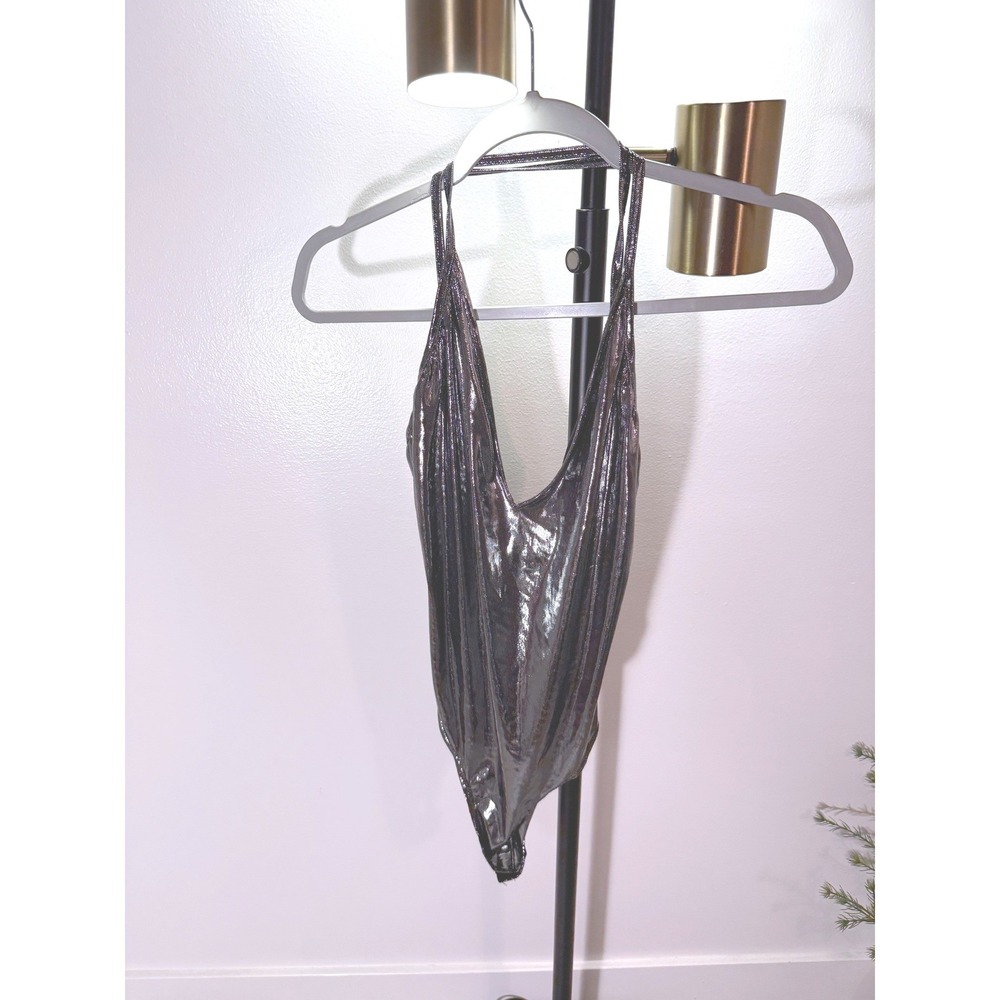 AB Design Metallic Gunmetal‎ Silver Halter Neck Deep V Bodysuit Festival Rave